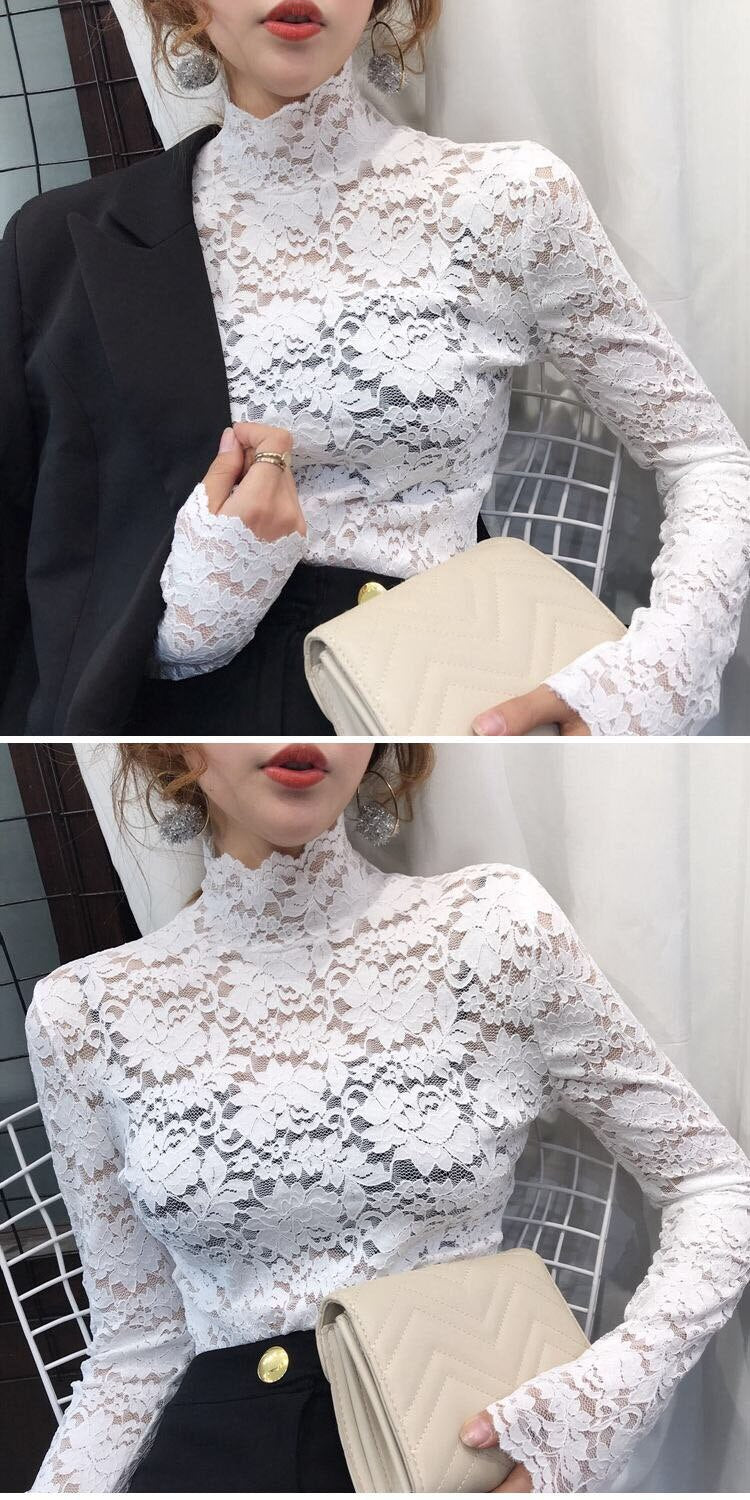 Sixsr gifts for women Plus Size Women Lace Blouses Shirts Sexy Hollow Out Long Sleeve Solid Blouse Lady Elegant Floral Embroidery Elastic Shirt Tops
