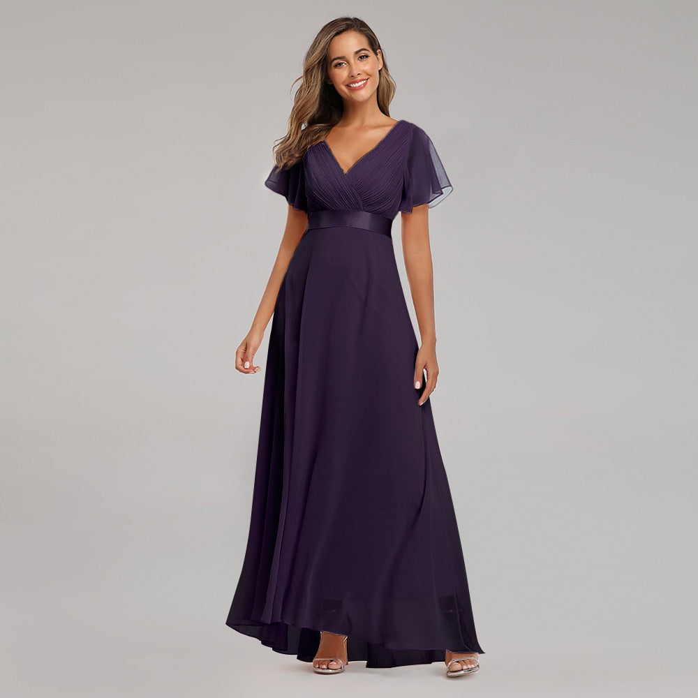 sixsr Evening Dresses Elegant V-Neck Ruffles Chiffon Formal Evening Gown Robe Vestidos De fiesta Dress for Wedding Party