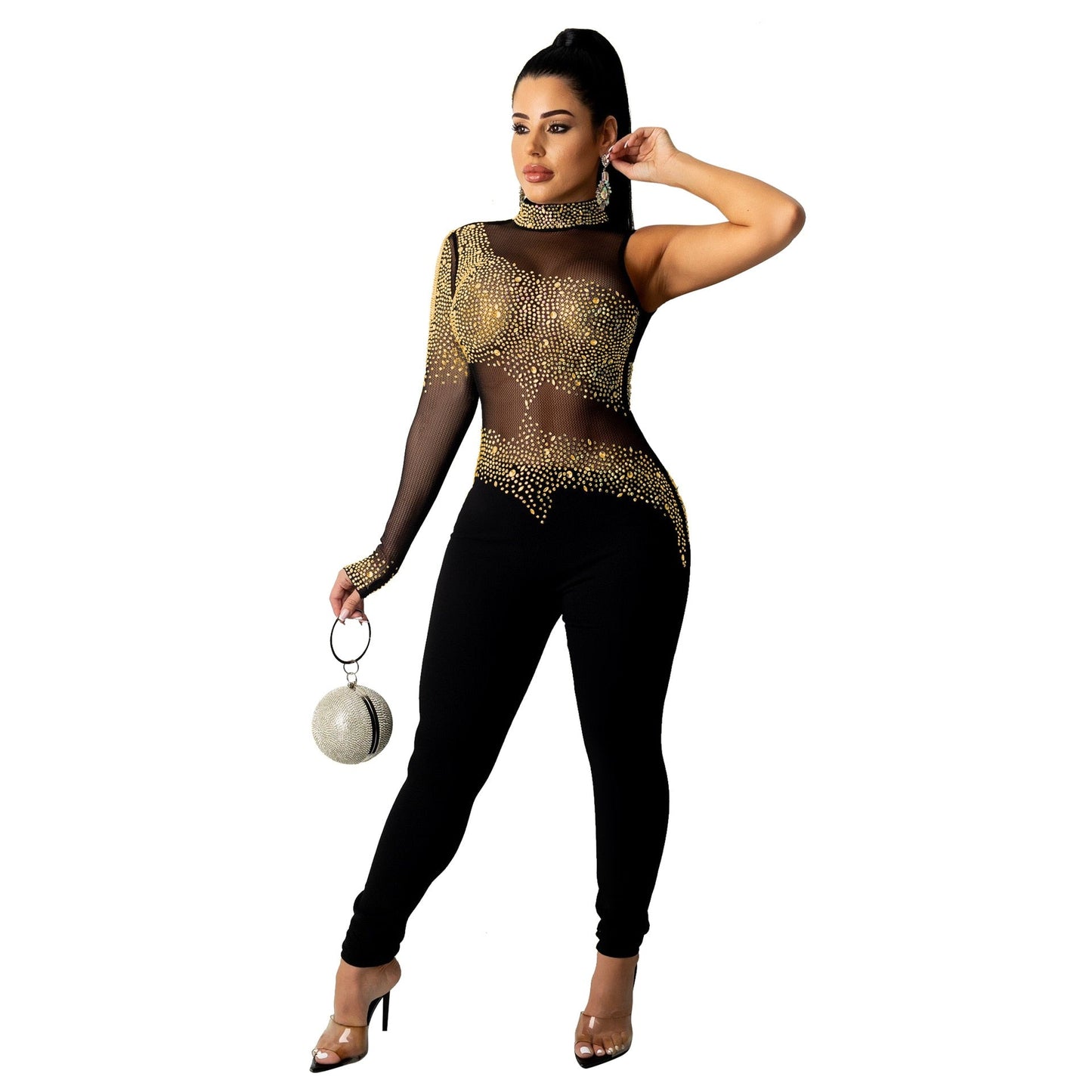 Sixsr Sheer Mesh Diamonds Sequined Pearls High Split Long Dress For Women Straps Bodycon Long Vestidos Night Party Rhinestone Outfits
