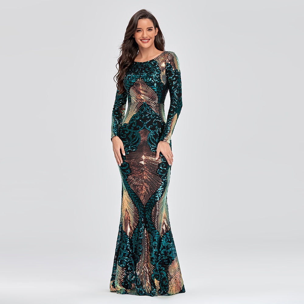 sixsr Hot Sale O-neck Long-Sleeve Shinning Sequins Evening Dresses Sexy Backless Mermaid Party Gowns Maxi Elegant Multi Female Robes vestidos
