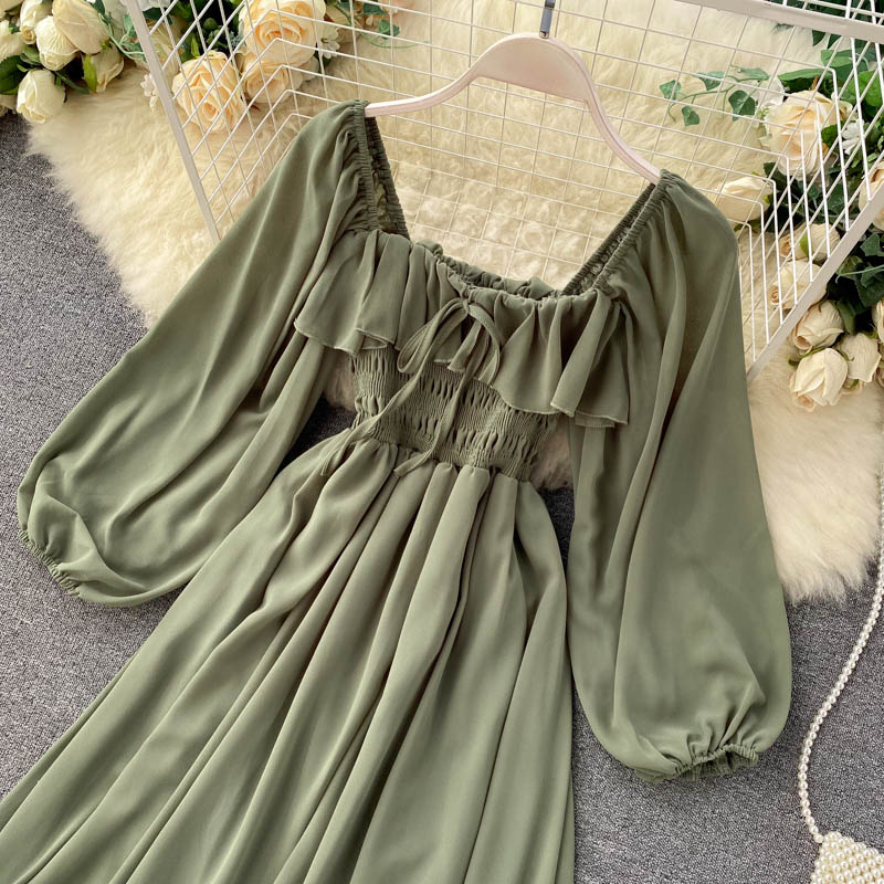 Sixsr Woherb Chic Elegant Square Collar Maxi Dress Women Solid Chiffon Puff Sleeve Dresses Korean Fashion Vintage Ruffle Vestidos