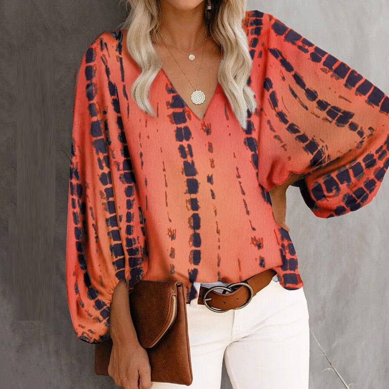 sixsr Summer Outfits Female Streetwear Oversized XXXL Tops Blusa Summer V Neck Long Lantern Sleeve Blouse Casual Women Printing Loose Elegant Shirts