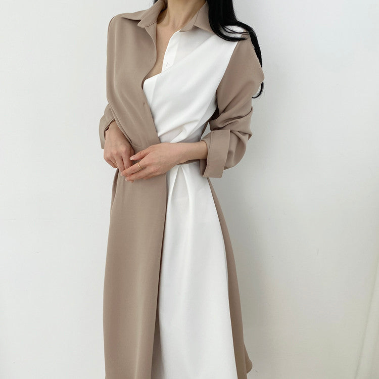 Sixsr Spring Autumn Retro Temperament Contrast Color Lapel Long-Sleeved Shirt Female Midi Dress Korean Elegant Fashion Slim Chic Dress