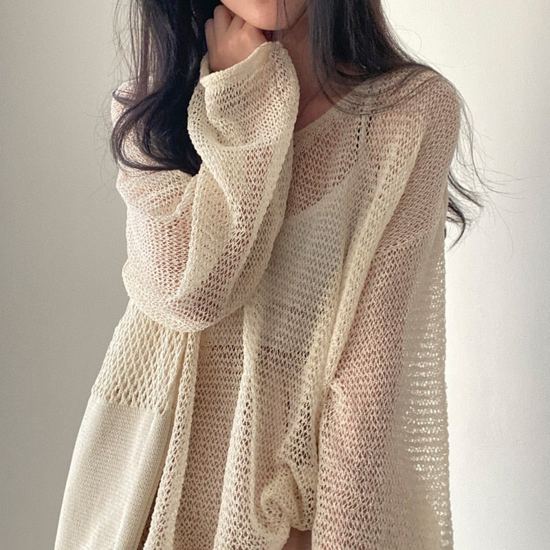Sixsr Lazy Style Full Sleeves Jumpers Tops Hollow Out Sexy Women Fashion Casual Streetwear Chic Femme Sweaters Pullovers