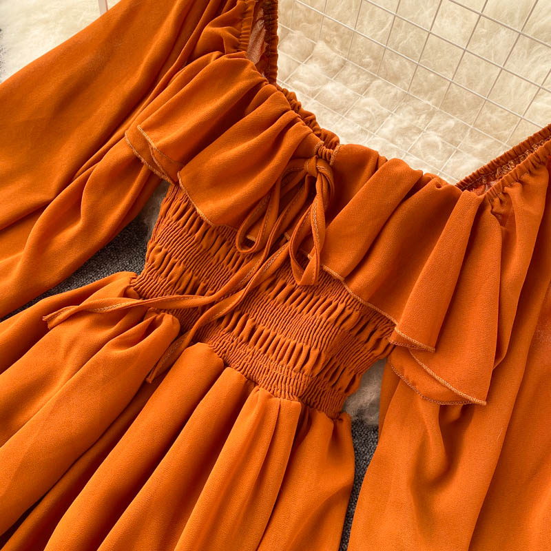 Sixsr Woherb Chic Elegant Square Collar Maxi Dress Women Solid Chiffon Puff Sleeve Dresses Korean Fashion Vintage Ruffle Vestidos