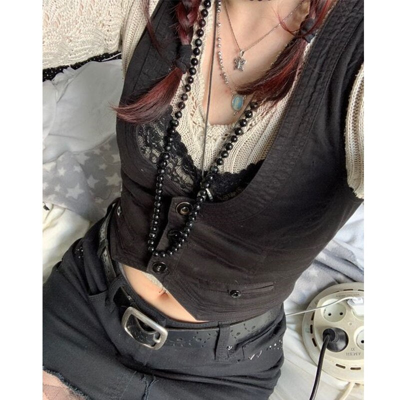 Sixsr y2k Button Corset Top Black Sleeveless Tank Tops Skinny V Neck Aesthetic Punk Crop Top Grunge Fairycore Women Vests