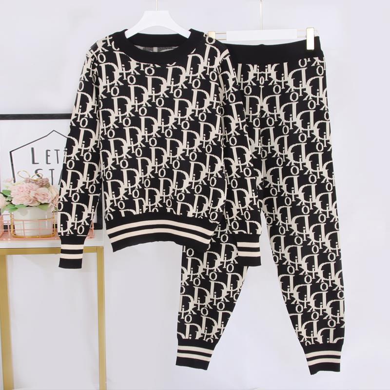 Sixsr New Fall Female Knitwear Long Sleeve 2 Piece Sets Letter Spliced Suit V-Neck Sweater Pullover Tracksuit Wide Leg Pants Sweatsuit