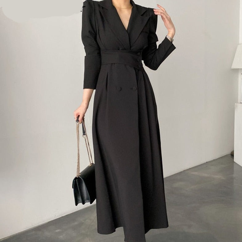 Sixsr High Waisted Maxi Dresses for Women Long Sleeve Double Breasted Chic Korean Fashion Notched Vestido De Mujer Elegant Vintage Y2k