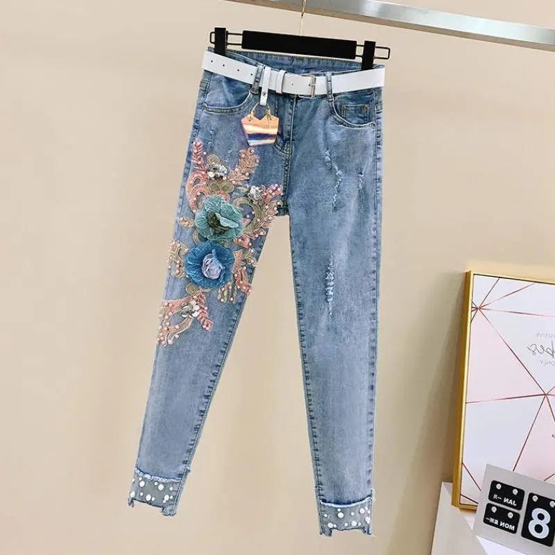 Sixsr One-Piece/Set Summer New Women Denim Pants Beaded Embroidery Short-Sleeved + Small Feet Hole Jeans Female Two-Piece Suit425