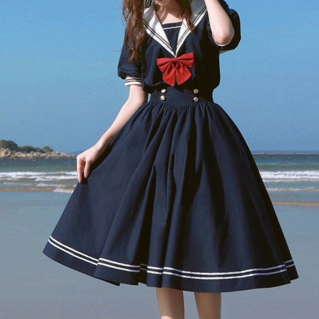 Sixsr Harajuku Sailor Collar Navy Dress Japanese Lolita Sweet Bow-knot Girl Retro Cotton Kawaii Preppy Style Short Sleeve Dress Women