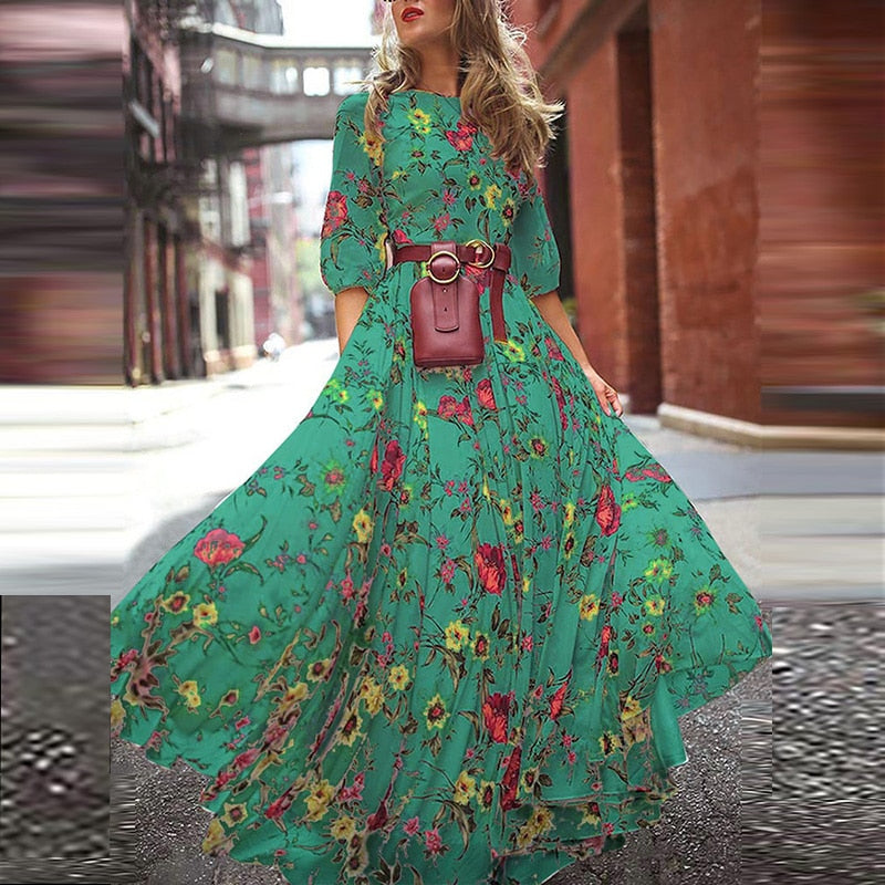 Sixsr Vintage Women Floral Printing O-Neck Sweet Long Party Dress Summer Three Quarter Sleeve Ladies Dress Fashion Elegant Streetwear
