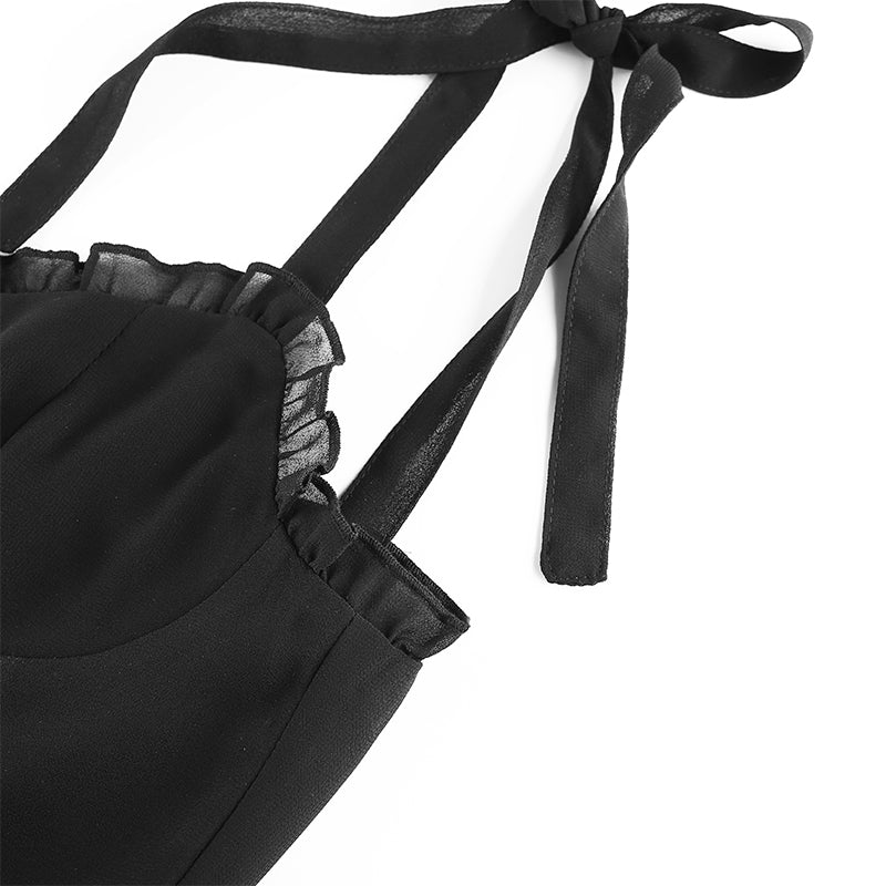 Sixsr Sweetown Dark Academia Gothic Dresses Women Chiffon Ruffles Black E Girl Clothes Sleeveless V Neck Lace Up Mini Dress Summer