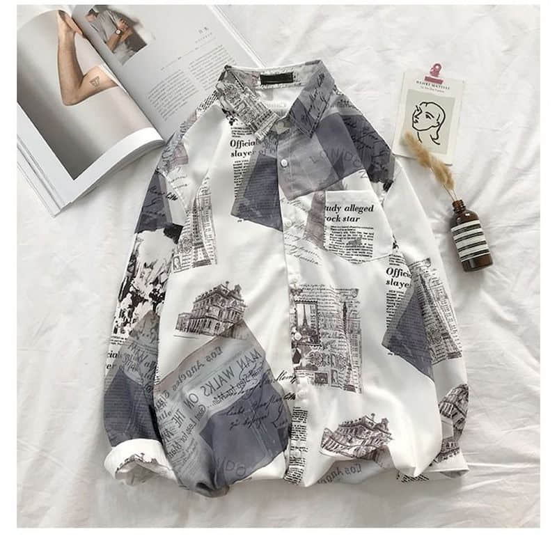 Newspaper shirt Korean trend men's shirt long-sleeved loose couple lovers shirt student all-match shirt 2024 fashion streetwear