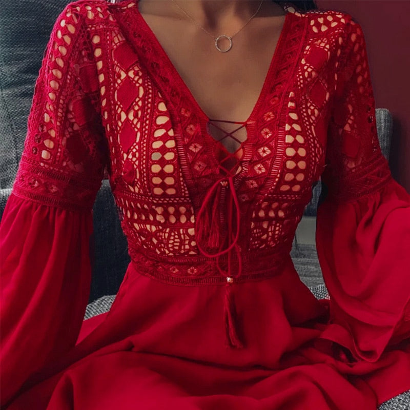 Sixsr Sexy Crochet Lace V-Neck Mini Dress Summer Flare Sleeve Chiffon Beach Sundress Elegant Women Dress Party Sexi