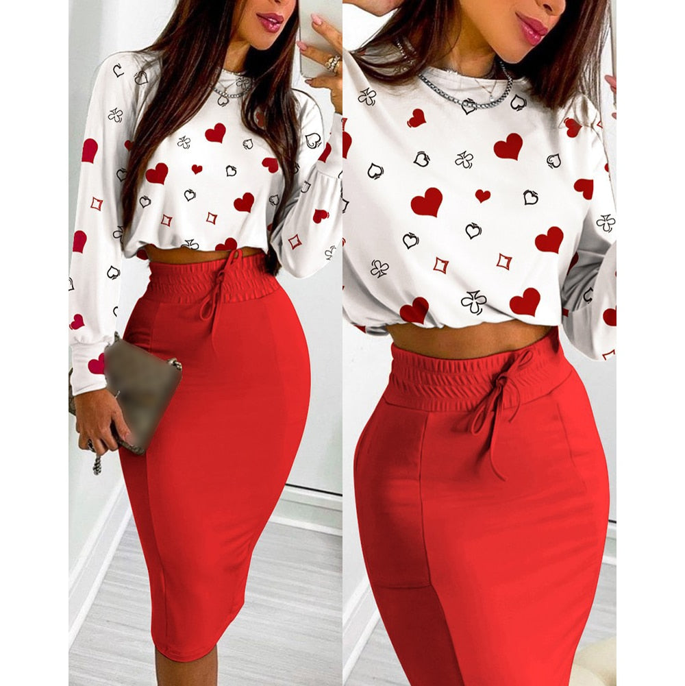 sixsr Sexy Crop Long Sleeve Pink Bodycon Dress Sets Women Autumn Print Cropped Feminino Two Piece Set Women Skirt Dress Suits
