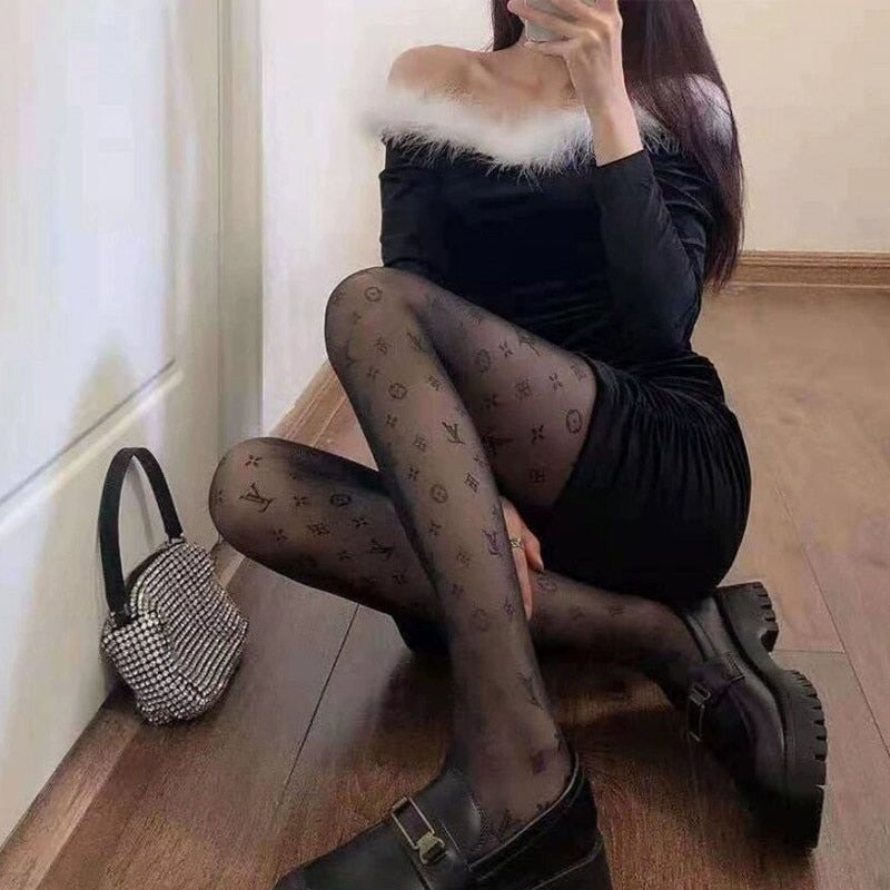 sixsr Women's Pantyhose Fishnet Stockings High Elastic Letter Fishnet Stockings Sexy Luxury High-end Stockings Mesh Hollow Tights