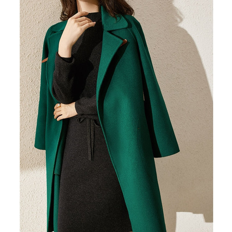 Sixsr Women Elegant Retro Wool Coat with Belt Winter Warm Overcoat Outwear Plus Size Female Korean High Quality Green Blends Coat