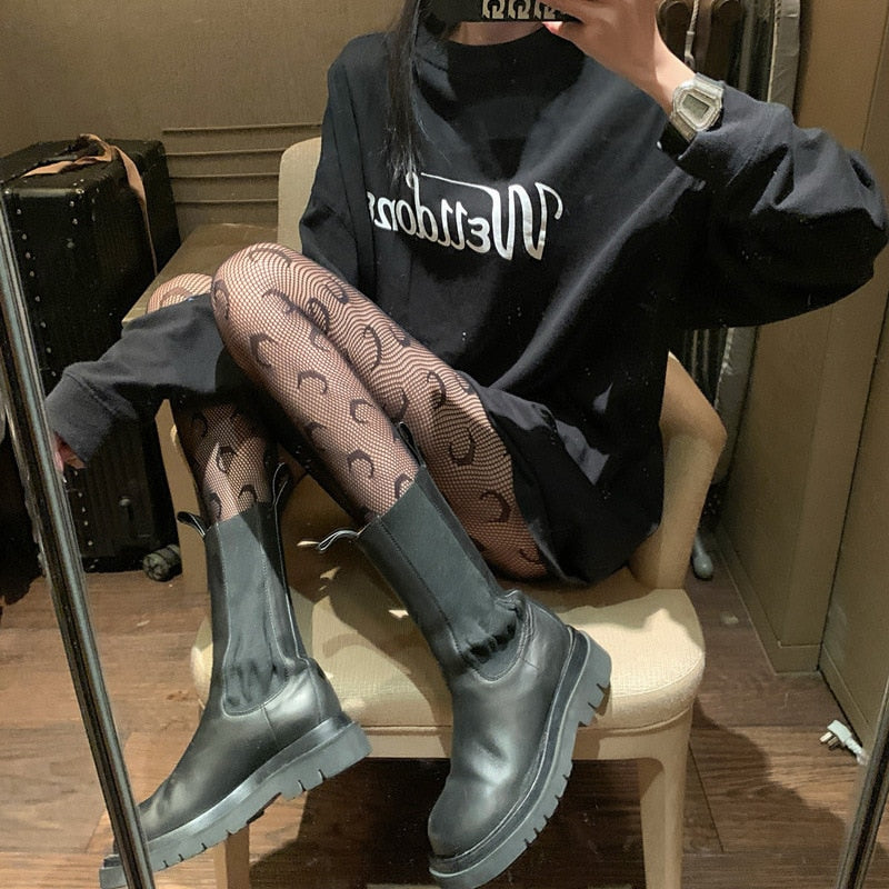 sixsr Women's Pantyhose Fishnet Stockings High Elastic Letter Fishnet Stockings Sexy Luxury High-end Stockings Mesh Hollow Tights