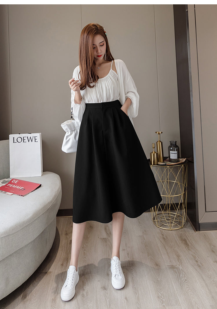 sixsr  New Spring Summer High Waist Midi Skirt Women Casual Pocket Solid Color Loose A-Line Umbrella Skirt Female Petticoat