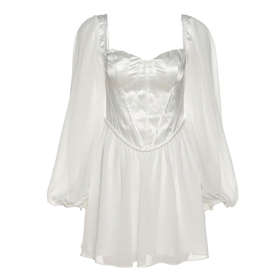 Sixsr Women Fashion Elegant High Waist Slim Solid White Office Lady A-Line Mini Dress  Spring Autumn New Women Party Dress