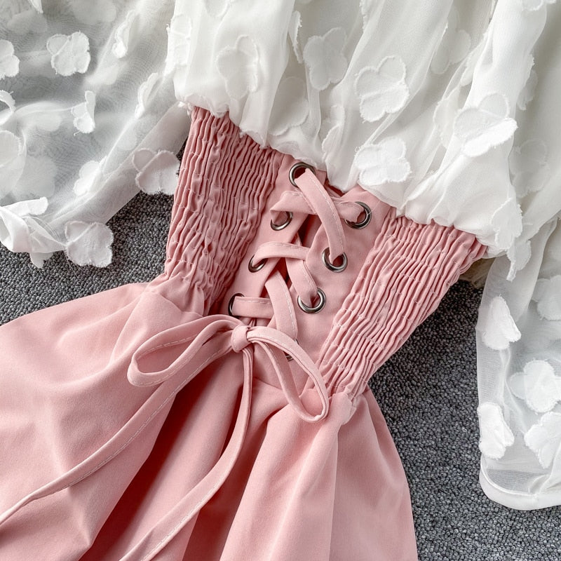 Sixsr  Spring Outfits Sexy Off Shoulder patchwork Summer Short Dress Party flower chiffon Slim waist lace up Women casual A-Line beach dress