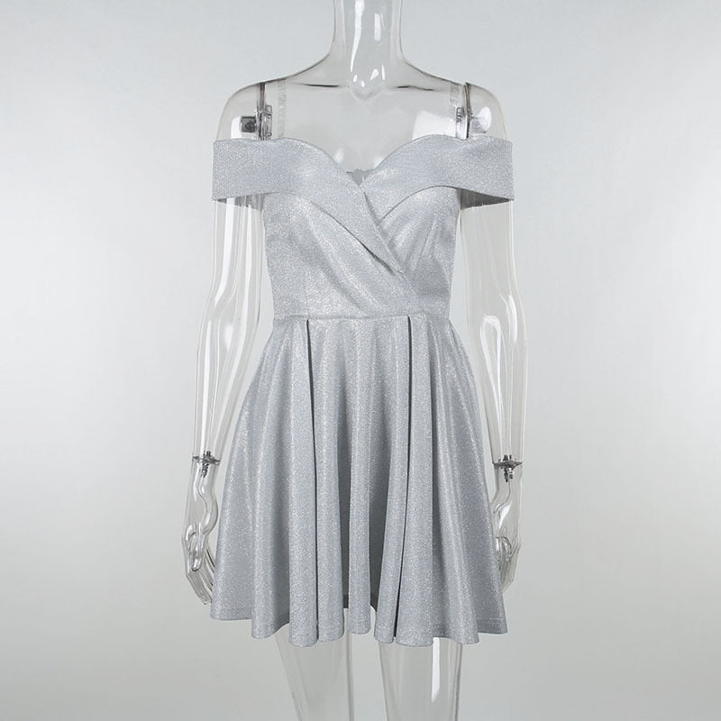 Sixsr  Summer Outfits Women Bling Glitter Women Off Shoulder A Line Mini Dress Pleated Party Elegant Festival Evening Autumn Winter Clothes