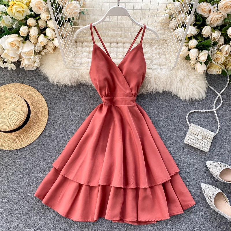 Sixsr Summer Spring Beach Holiday V-Neck Backless Lace Up Ruffles Cakes Solid Elegant Women Lady A-line High Waist Dress