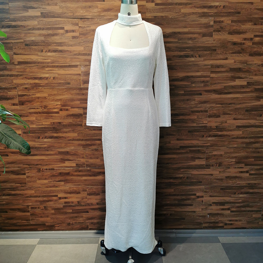 sixsr Elegant Evening White Dress Long For Women Party Club Sexy Hollow Turtleneck Autumn Plus Size Bodycon Maxi Dresses Wedding