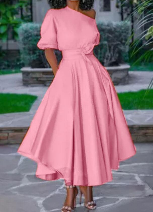 Sixsr Women Dress Bare Shoulder Waist Belt Long A Line Pleated Orange Casual Fashion Female Ladies Elegant New Autumn Summer Robes
