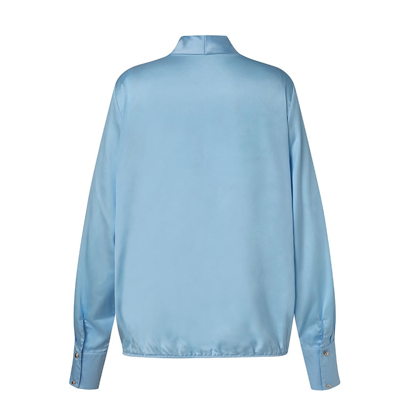 Women Satin Wrap Shirts Fashion Deep V Neck Blouses Casual Elegant Solid Long Sleeve Top Tunic Blusas Feminina