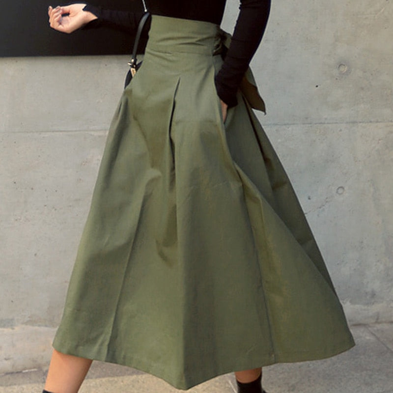Sixsr Spring Outfits Trends Skirts Womens Korean Fashion Solid Color Big Swing Ladies Skirt Long Skirt Autumn Wild High Waist Bow Slim Skirts