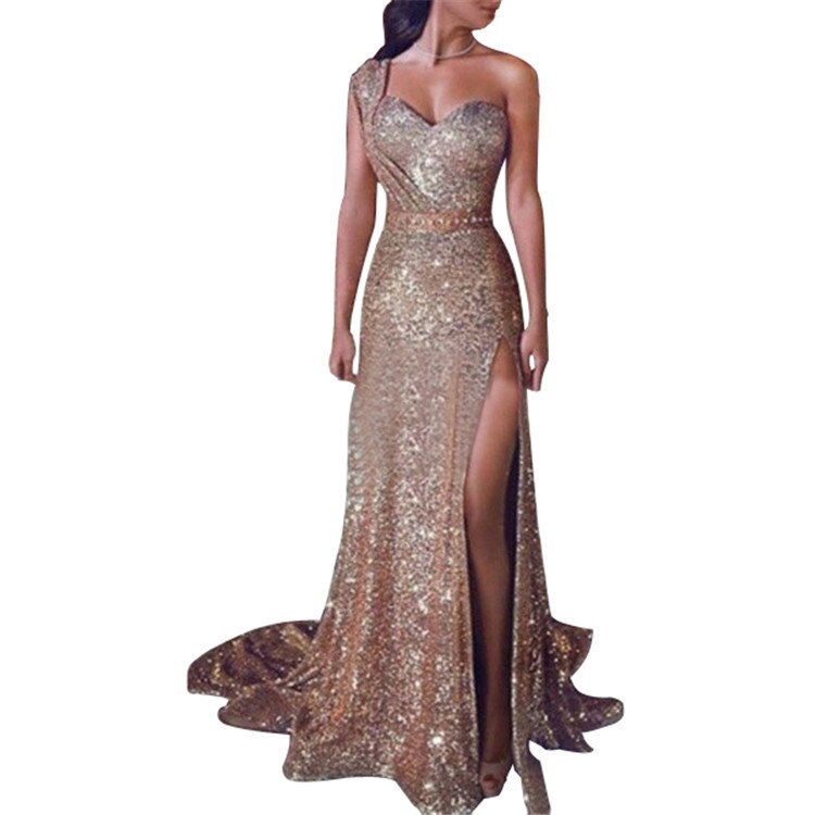 sixsr Big 5XL Fashion Women Dress Sequin Prom Party Fork Opening Ladies Dresses Ball Gown Sexy Gold Evening V-Neck Long Women Dress