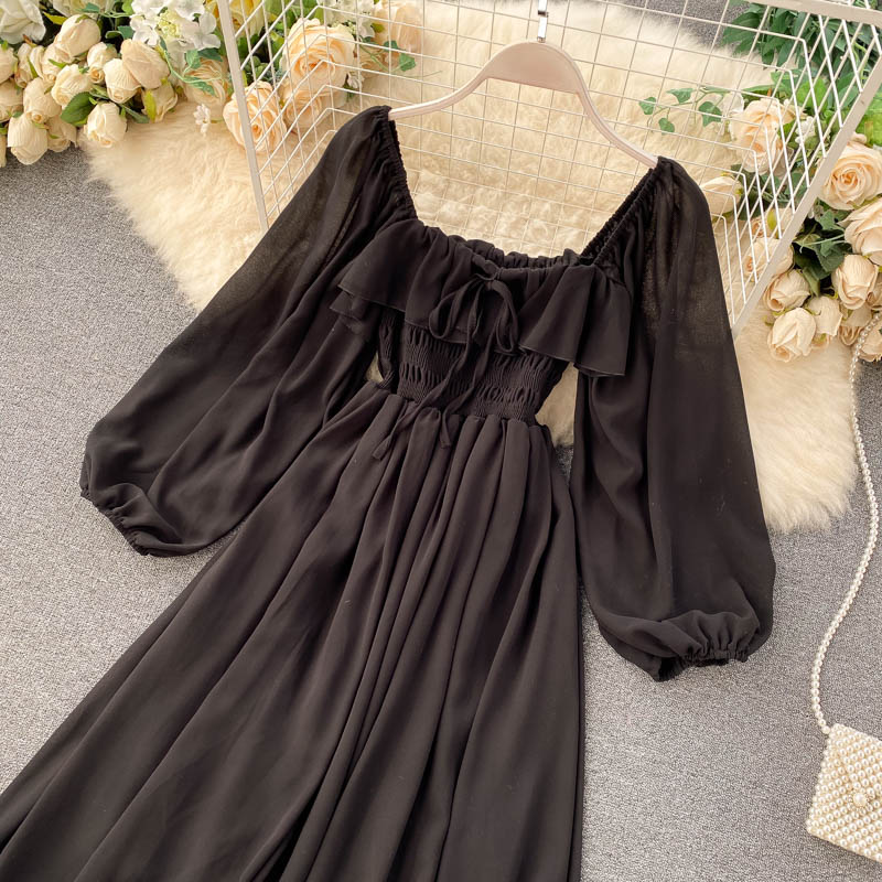 Sixsr Woherb Chic Elegant Square Collar Maxi Dress Women Solid Chiffon Puff Sleeve Dresses Korean Fashion Vintage Ruffle Vestidos