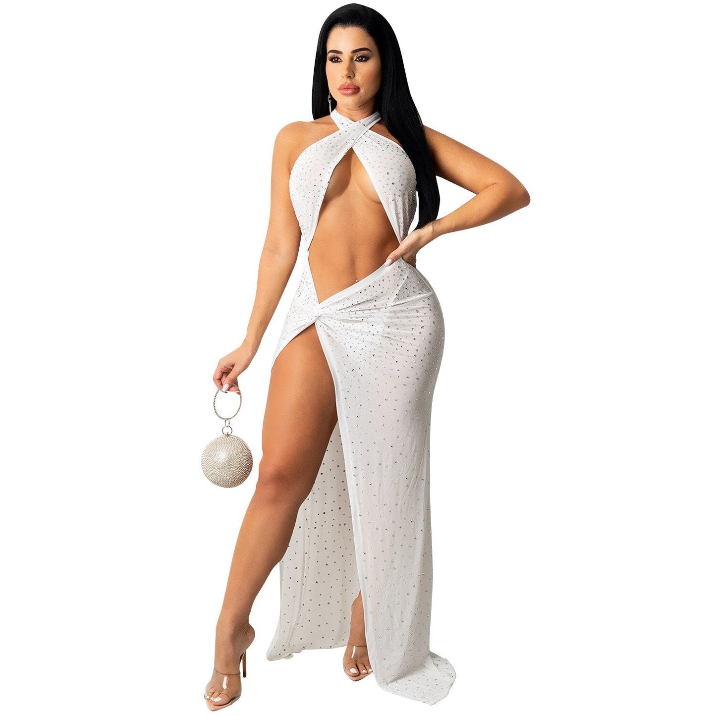 Sixsr Sheer Mesh Diamonds Sequined Pearls High Split Long Dress For Women Straps Bodycon Long Vestidos Night Party Rhinestone Outfits