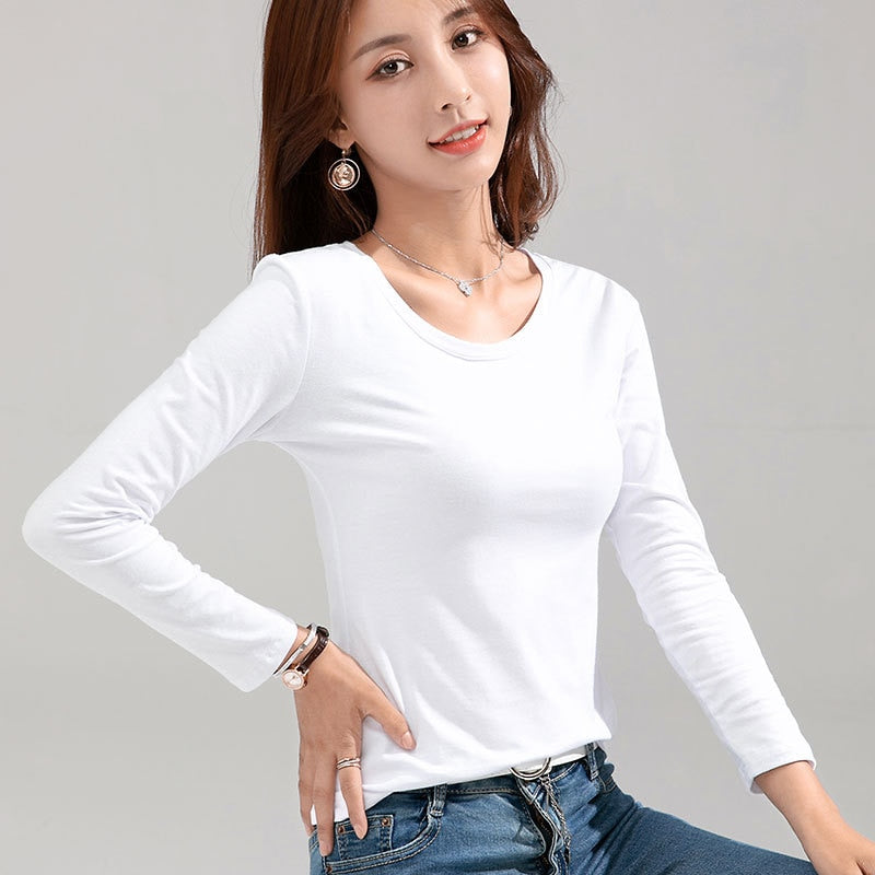 Sixsr Womens New Fashion Brand New Women's T-shirt Slim Pure Cotton 95% Women T-shirt Long-sleeved for Female Thin White Tops Woman Tees Shirt