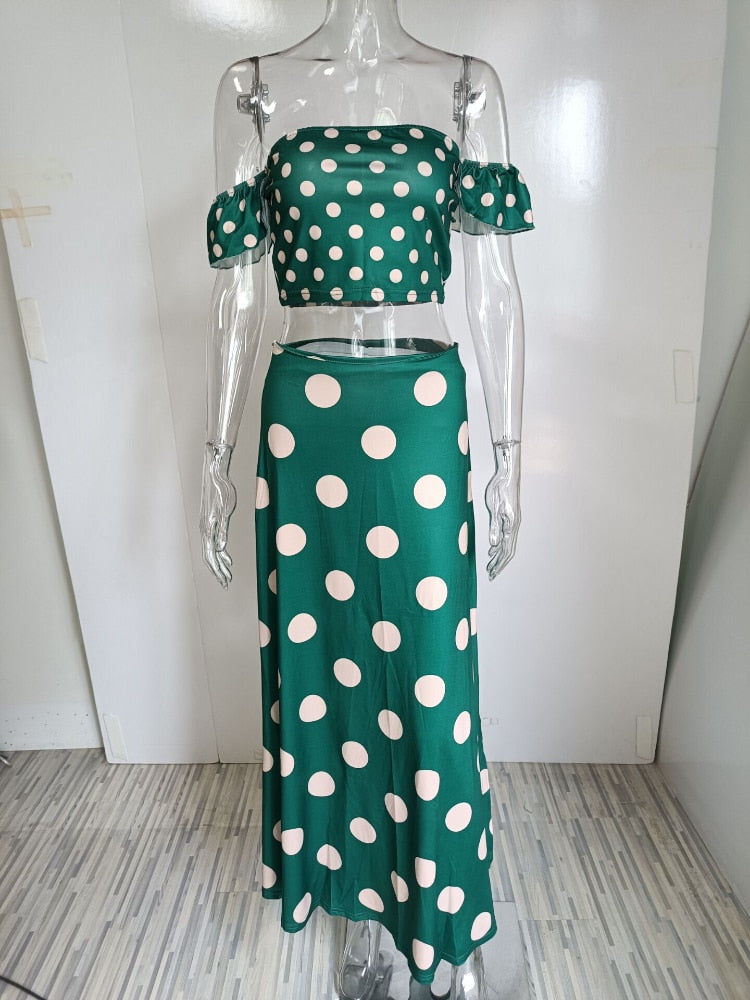 Sixsr Polka Dot Print Maxi Skirt Suit Women Summer Print Cropped Top Sexy Side Split High Waist Skirt 2 Piece Sets Woman Beach Outfits