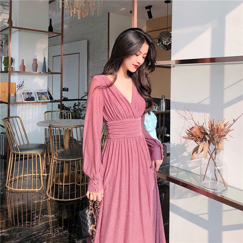 Sixsr Women Dress Autumn V-Neck Long Sleeve Shiny Midi Dress A-Line Evening Night Party Elegant Dress Red Black Pink vestidos