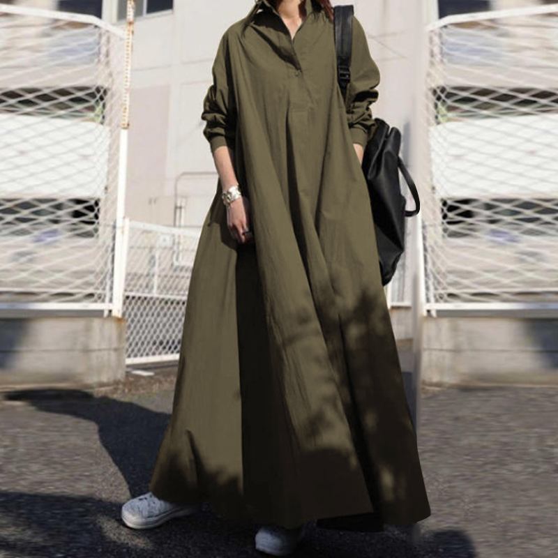 Sixsr Summer Stylish Women Vintage Long Sleeve Loose Sundress Casual Long Maxi Dress Kaftan Femme Solid Party Vestido Robe