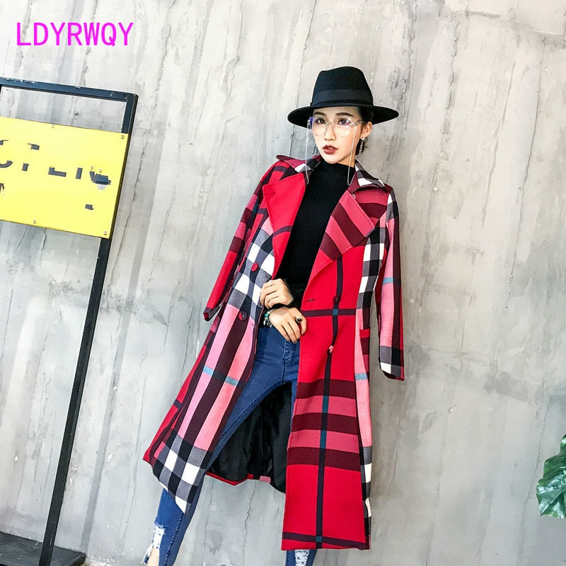 Sixsr  Thickened autumn and winter new women's lapels in the long simple color matching retro plaid coat temperament windbreaker