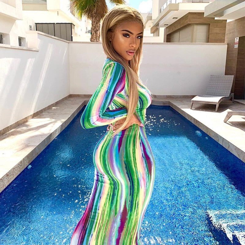 Sixsr Stripe Tie Dye Print Sexy Maxi Dress Spring Casual Long Dress Women Nightclub Long Sleeve Bodycon Dresses C70CC31