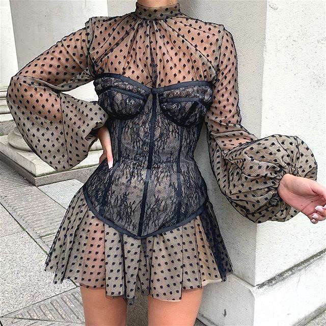 Sixsr New Design 2pcs Summer Dress for Women Black Sexy Corset Dress Vintage Slim Mesh Outfit Clubwear Dress Shirt for Girl's Party