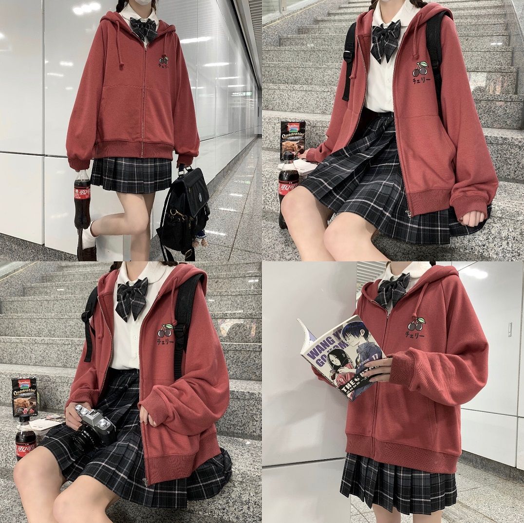 Sixsr Harajuku Sweet Fruit Print Women Hoodie Pocket Spring Loose Thin Zipper Sweatshirt Girl Cute Pink Plus Size Clothes Among Us