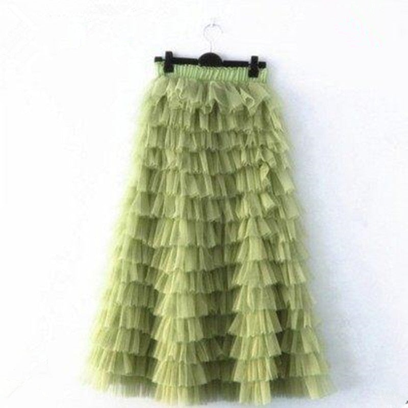 sixsr jupe femme ete Spring Party Skirt Elastic High Waist Long Tulle Skirt Women Multilayer ruffles Pink Mesh Tutu Skirt Ladies