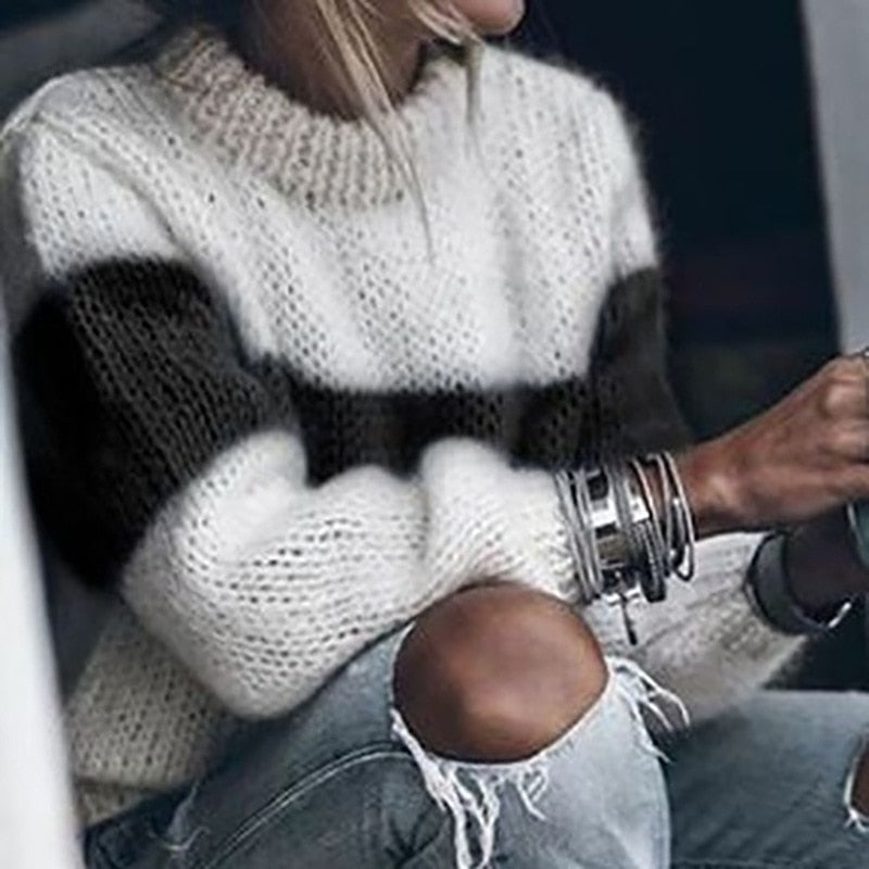 Sixsr Women Loose Knitted Sweater Autumn Winter O Neck Striped Fuzzy Fluffy Sweater Pullovers Vintage Long Sleeve Patchwork Sweater