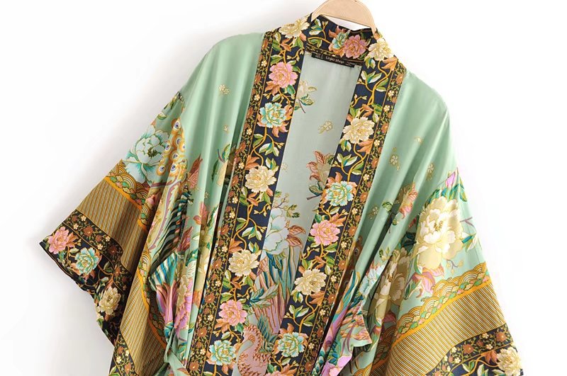 Sixsr women peacock floral print bat sleeve beach Bohemian Kimono robe Ladies V neck Tassel Summer happie dress vestidos