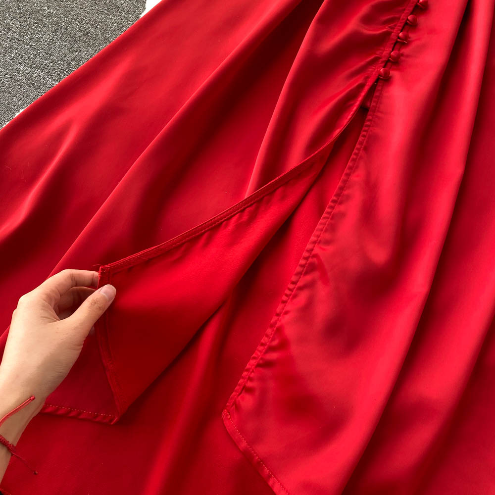 Sixsr Womens Fashion Irregular Maxi Dress Women Design Hollow Puff Sleeve A-line Dress New Autumn Casual Vacation Split Long Dress