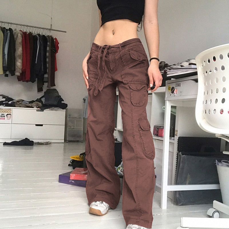 Sixsr Fashion Women's Jeans Y2K High Street Waist Denim Trousers Drawstring Waist Flap Pocket Baggy Jeans Loose Women's Classic Pants