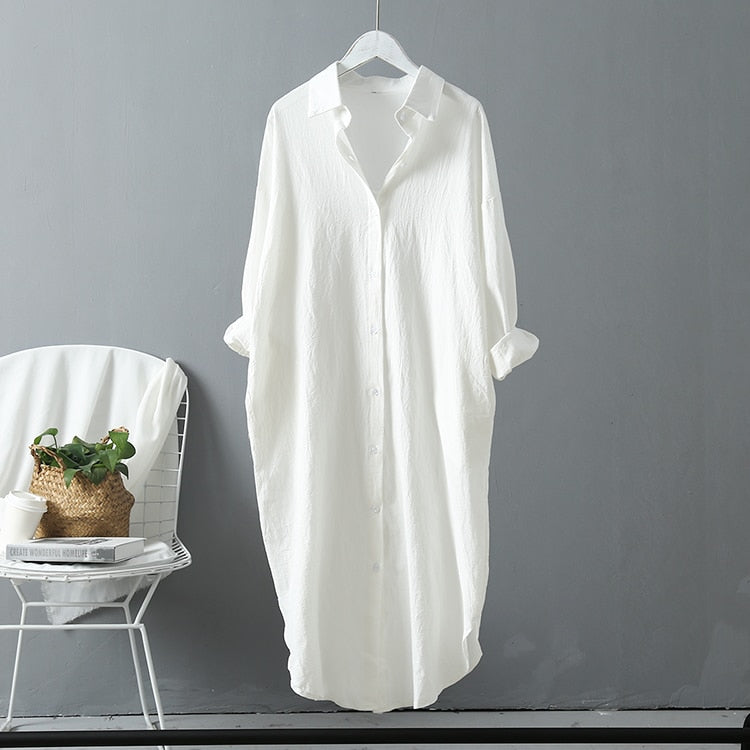 Woman Long Shirt Dress Cotton Korean Clothing White Boho Beach Big Maxi Blue Dresses Spring Summer Oversized Robe