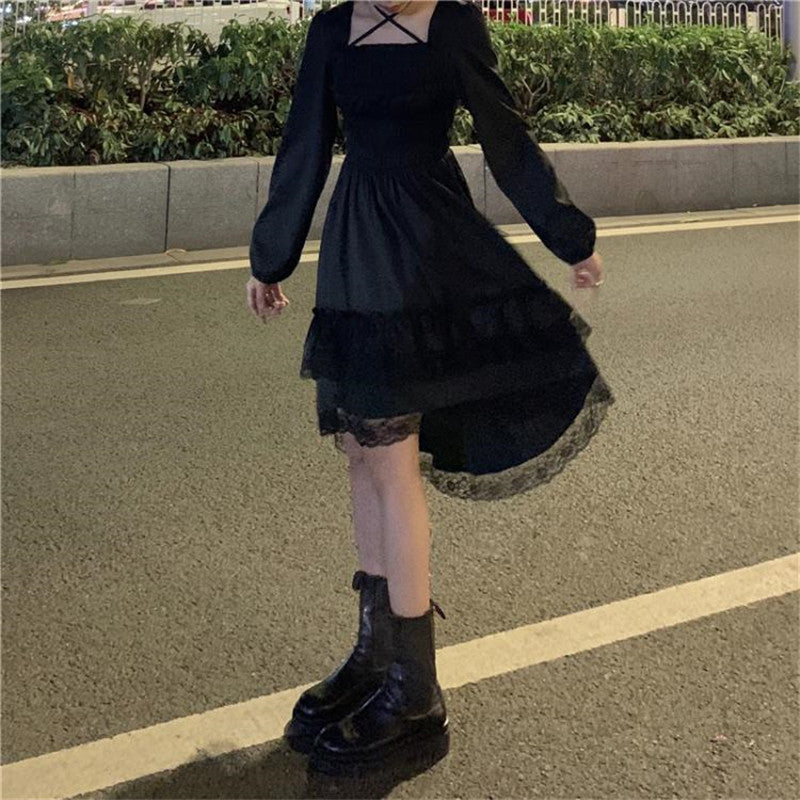 Sixsr New Gothic Women Black Fairy Party Dress Cross Square Collar Lolita Princess Irregular Dress Cute Kawaii Lace Ruffles Chic Dress