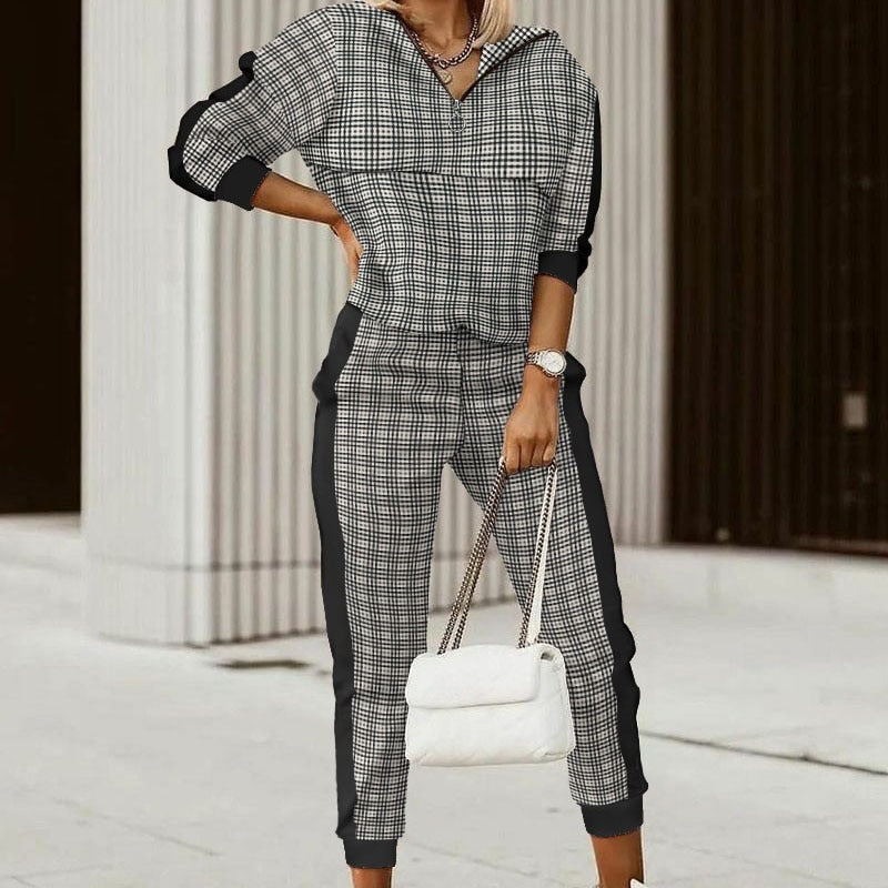 Sixsr Spring Autumn Women Fashion Print Splicing Tracksuits Two Piece Sets Female Casual Long Sleeve V Neck Top Jogging Pant Suit